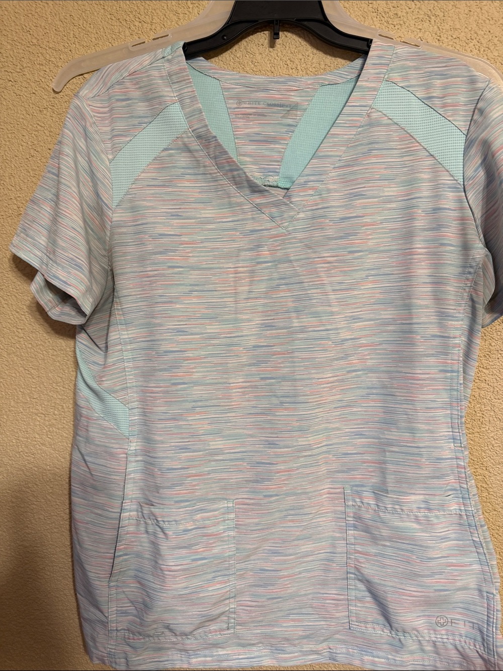 White Cross Pastel Heather V-Neck Scrub Top with Aqua Accents